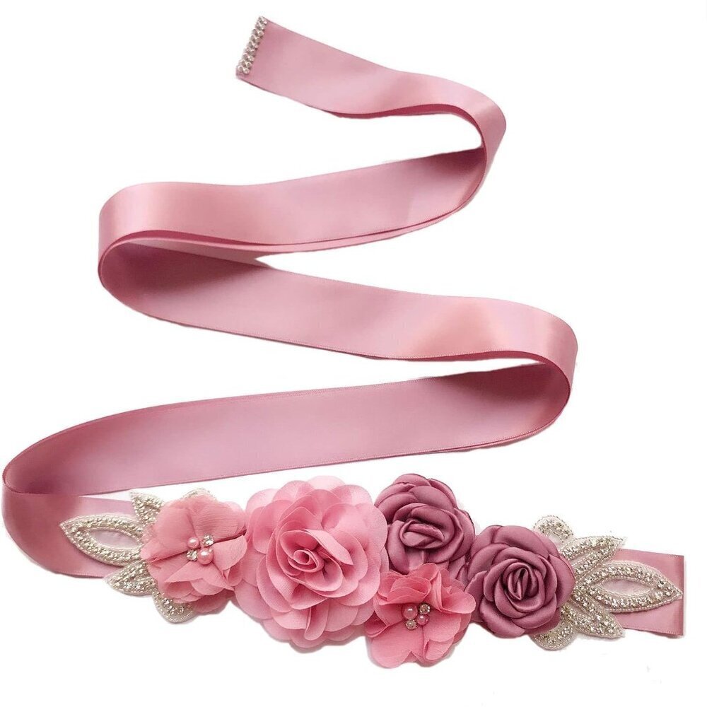 Wedding Sash Belt Satin Flower Pearl Rhinestone Bridal Baby Shower Dress